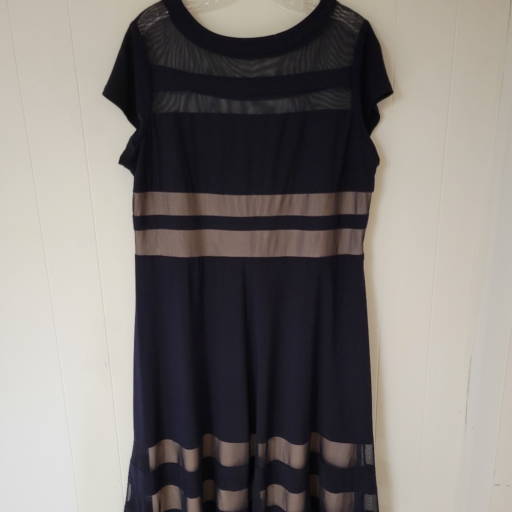 R&M Richards Navy Blue Midi Dress with Mesh Paneling, Size 16